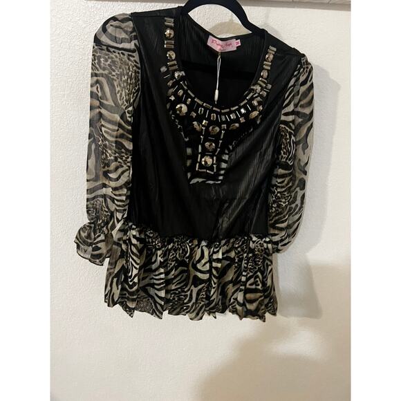 NWT Pretty Angel zebra & black top w sheer sleeves dressy beaded size Large - Picture 2 of 11
